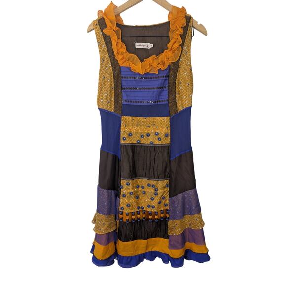 Isabela Capeto Whimsical Boho Hippie Festival Bead Patchwork Layered Mini  Dress